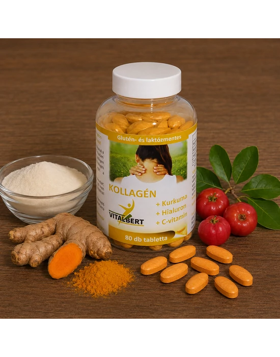 Kollagén + Kurkuma + Hialuron + C-vitamin tablettal 80 db Vitalbert